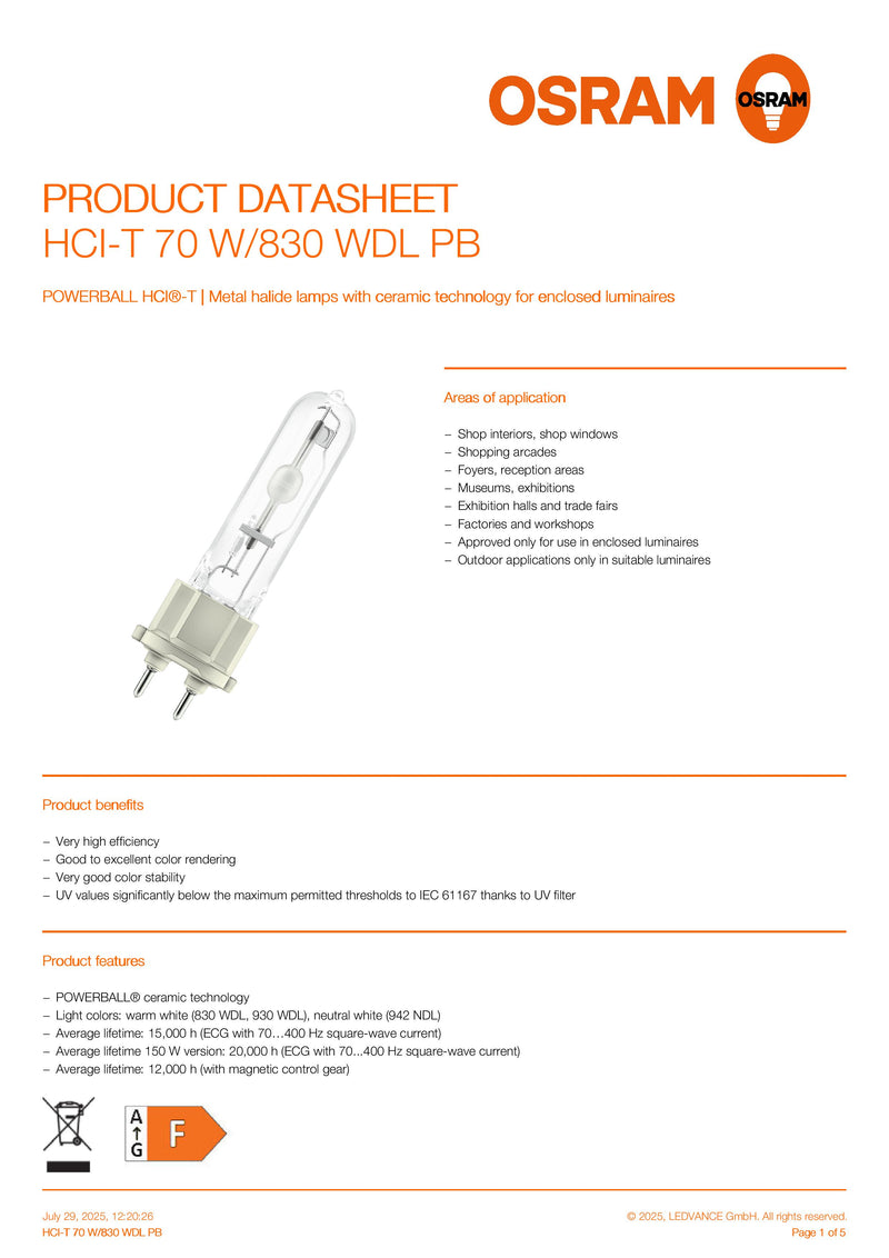 OSRAM POWERBALL HCI®-T 70 W/830 WDL PB