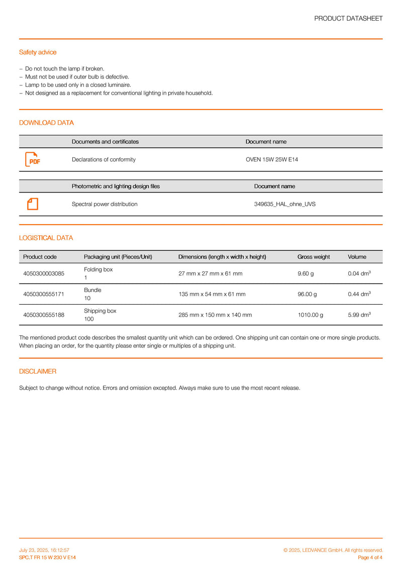 OSRAM SPECIAL OVEN T 15 W 230 V E14