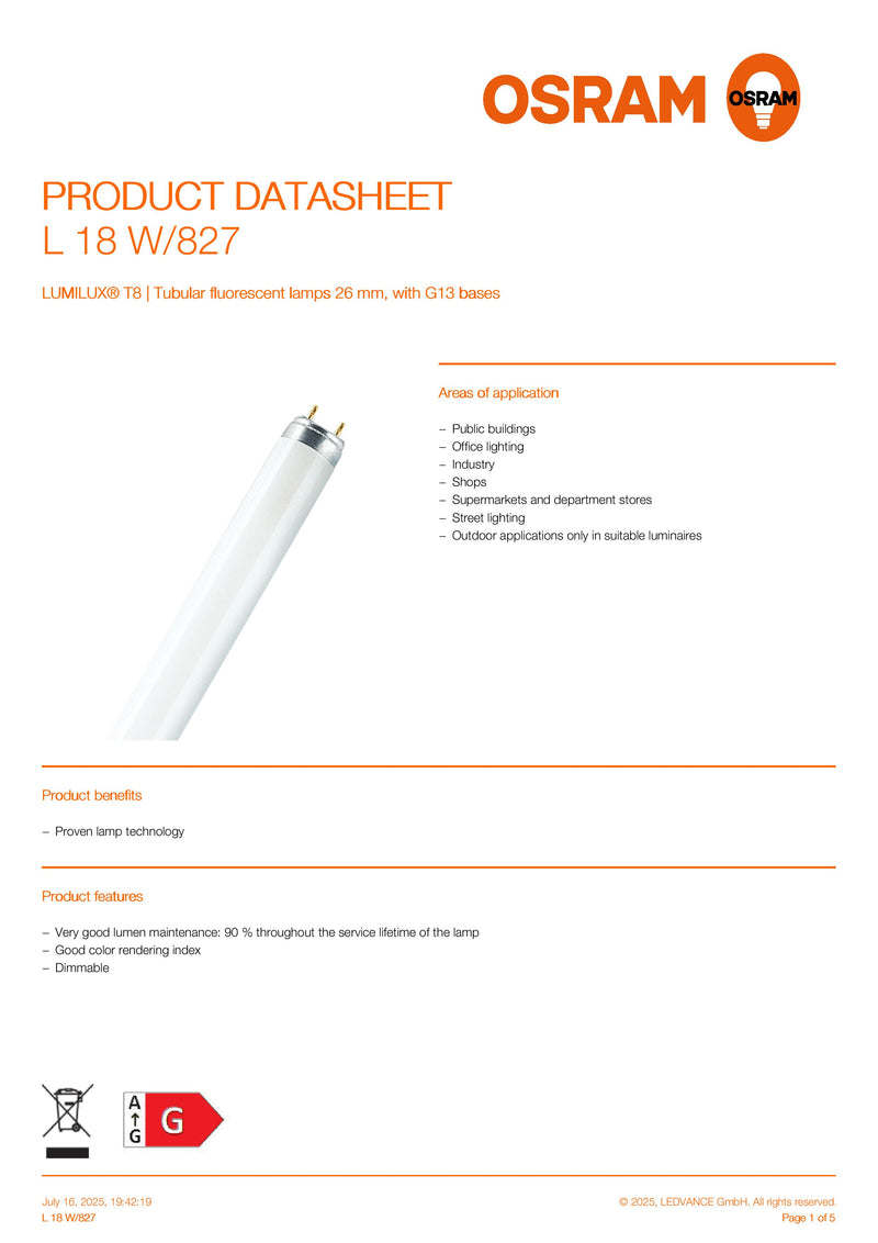 Osram 18w T8 827 Very Warm White Fluorescent Tubes