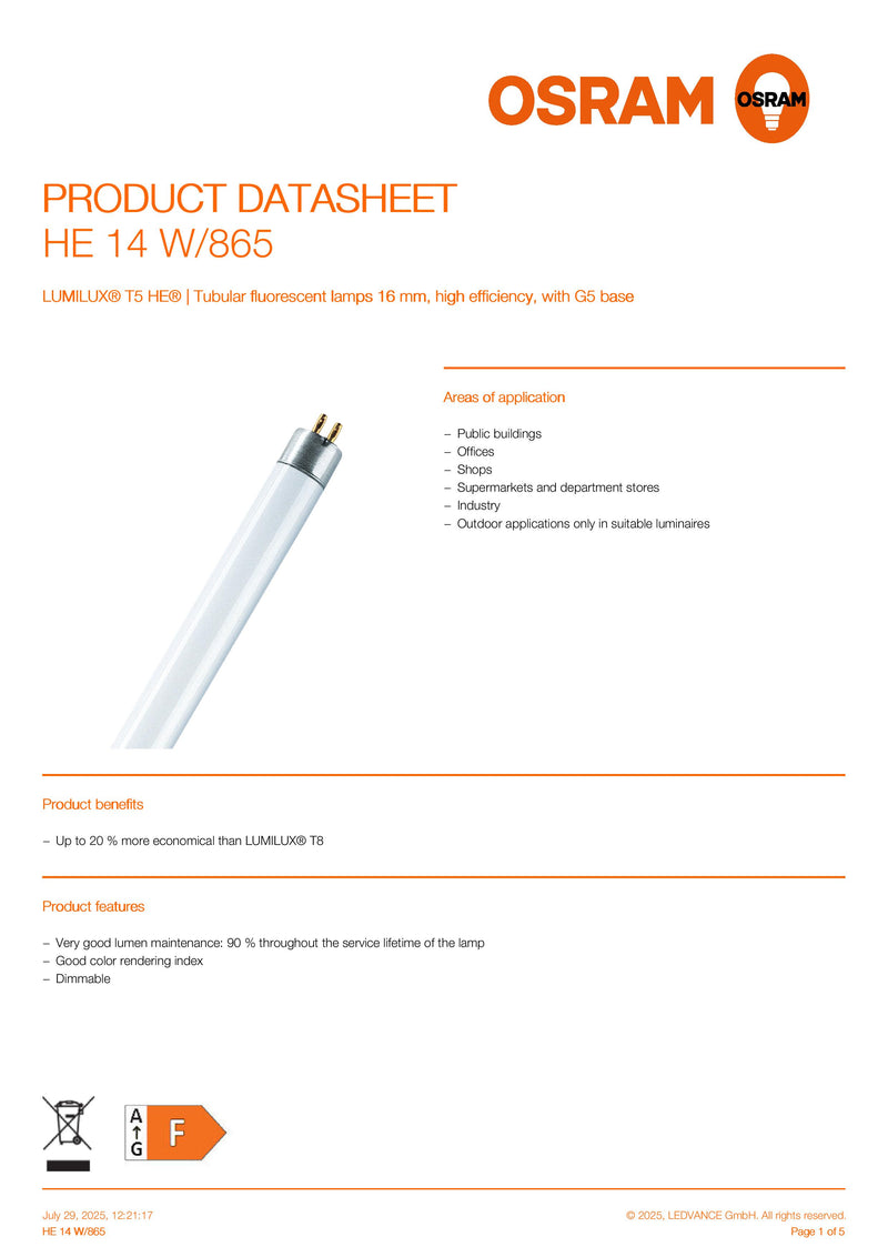 OSRAM 14w G5 865 Daylight White T5 Fluorescent Tube