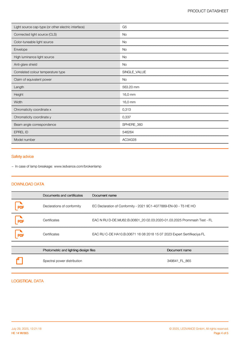 OSRAM 14w G5 865 Daylight White T5 Fluorescent Tube