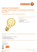 OSRAM Vintage 1906 Classic A 22 Filament 2.5W 824 Gold E27