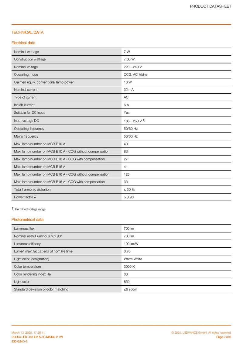 OSRAM DULUX LED D18 EM & AC MAINS V 7W 830 G24D-2