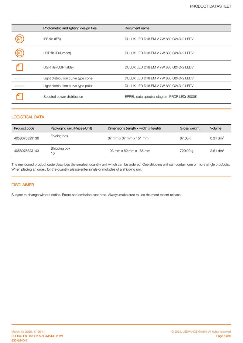 OSRAM DULUX LED D18 EM & AC MAINS V 7W 830 G24D-2