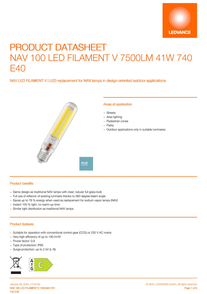 LEDVANCE 41W NAV LED Lamp 7500lm ES 740 Cool White