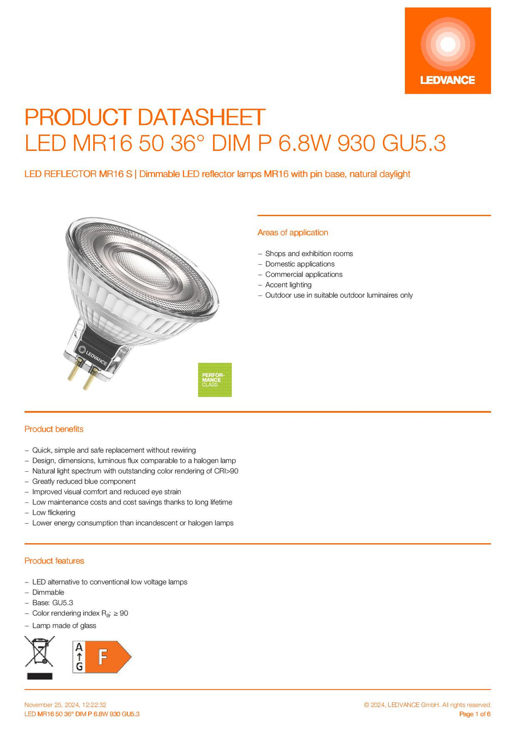 Ledvance MR16 12v 6.8w GU5.3 2pins 930 LED MR16 50mm 36° Dimmable