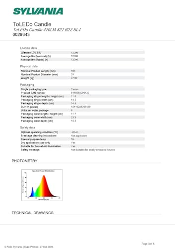 Sylvania 4.5w = 40w BC B22 Bayonet Cap Opal LED Candle 4 x Pack