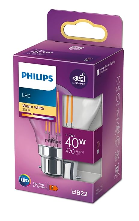 PHILIPS LED Premium Classic P45 Clear Light Bulb B22 40W, Warm White 2700K, Non Dimmable