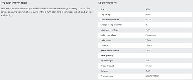 ASD 2D 16W 4pin 835 1100lm White Fluorescent Light Bulb