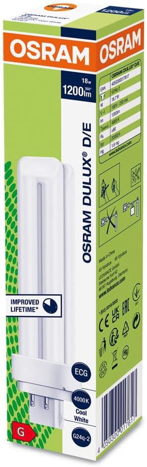 OSRAM PLC 18w G24q-2, 4 pin 4000K Low Energy CFL DULUX DE Dimmable Lamp