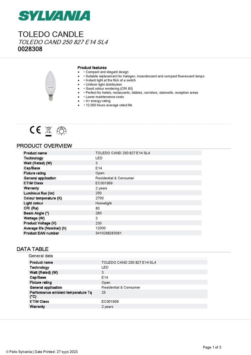 SYLVANIA 3w = 25w SES E14 Small Screw Cap LED Candle 2700K 4 x Pack