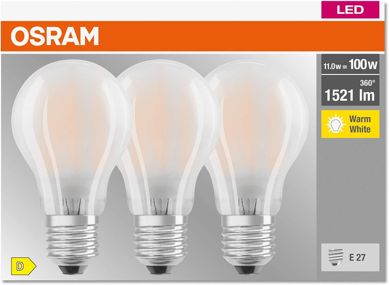 OSRAM LED BASE Classic A100, frosted filament LED lamps  E27 100W Warm White Pack of 3