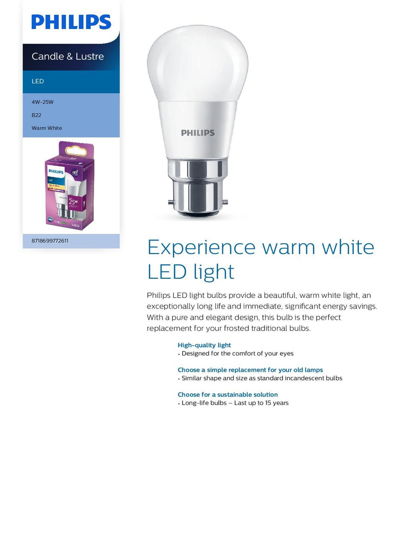 Philips 4w = 25w BC B22 Bayonet Cap Frosted LED Golf ball Warm White Light Bulb