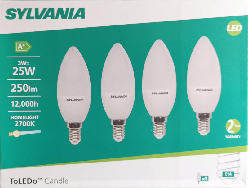 SYLVANIA 3w = 25w SES E14 Small Screw Cap LED Candle 2700K 4 x Pack