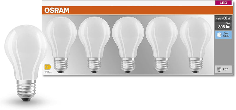 OSRAM LED BASE Classic A60 E27 840 Cool White 60W Pack of 5