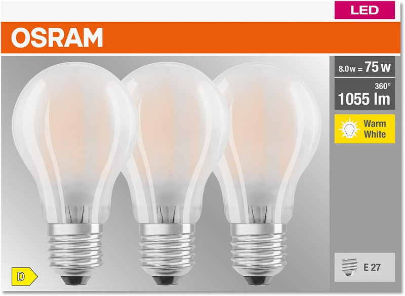 OSRAM LED BASE Classic A75, frosted filament LED lamps E27 75W Warm White Pack of 3