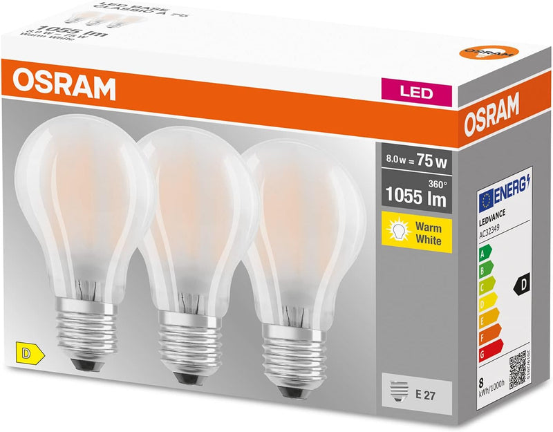 OSRAM LED BASE Classic A75, frosted filament LED lamps E27 75W Warm White Pack of 3