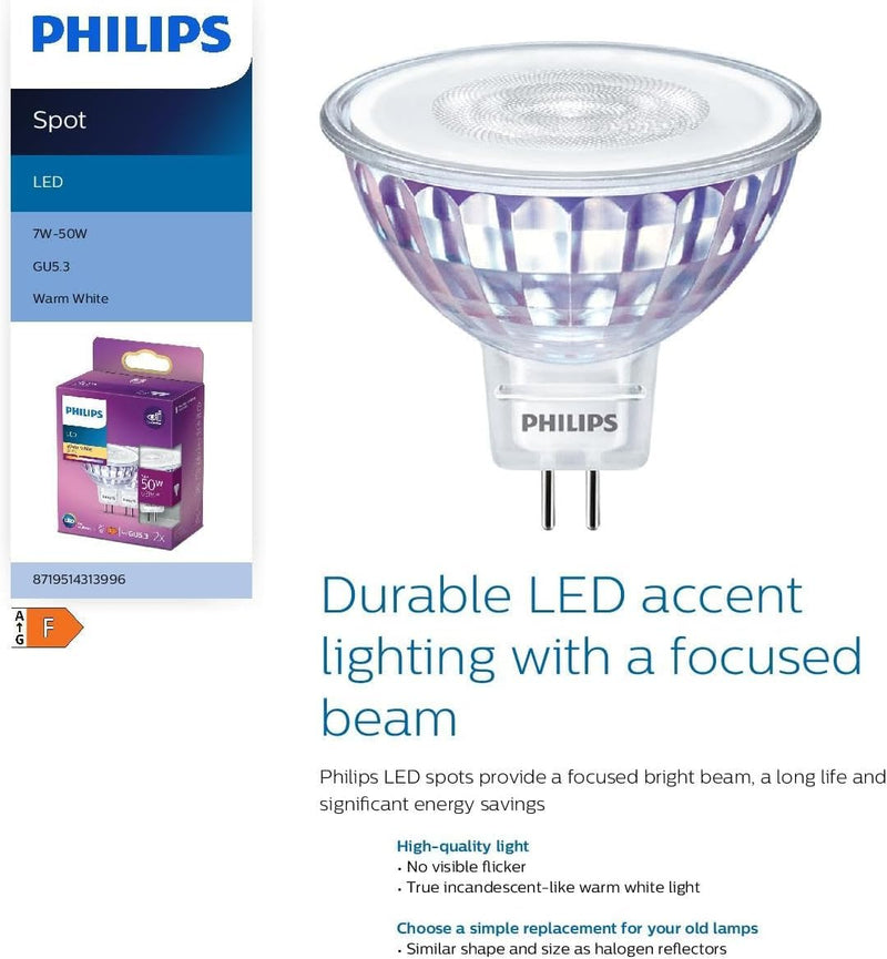 Philips 7W-50W GU5.3 MR16 Warm White LED Spot Lights 2 x Pack