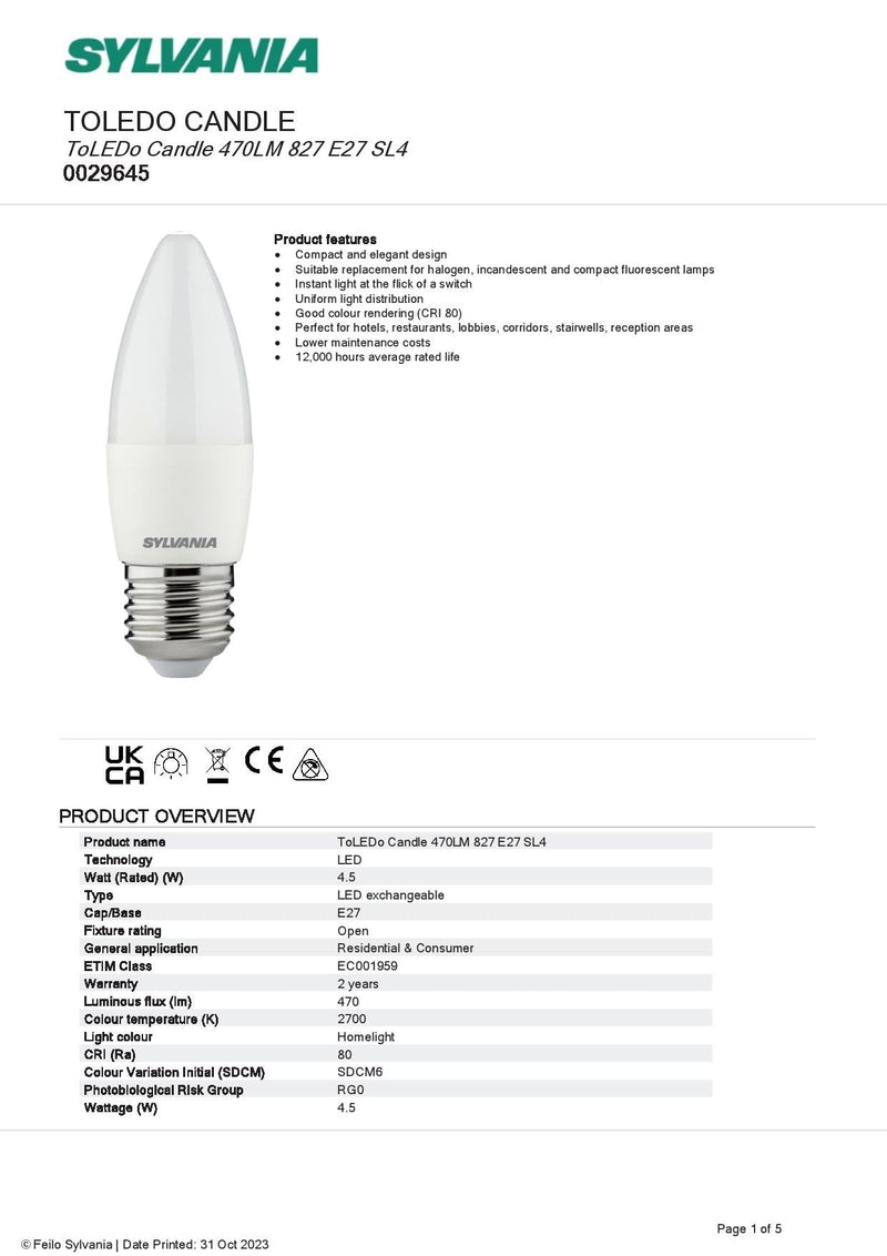 Sylvania 4.5w = 40w BC B22 Bayonet Cap Opal LED Candle 4 x Pack