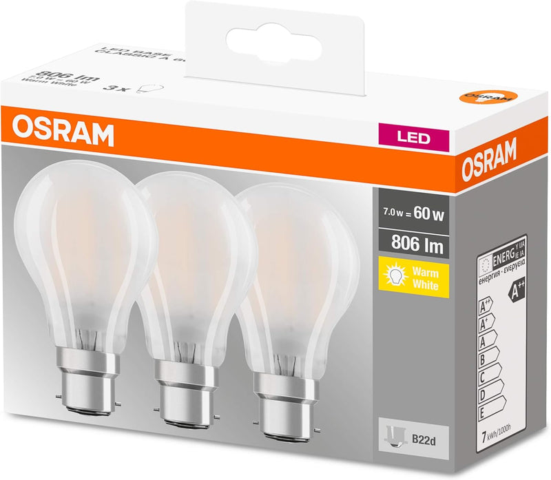 Osram LED Lamp B22d 7W =60W Incandescent Bulb Base Classic Pack of 3