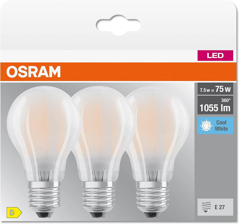 OSRAM LED BASE Classic A75, frosted filament LED lamps E27 75W Cool White Pack of 3