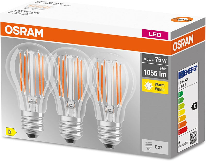 OSRAM LED BASE Classic A75, clear filament LED lamps E27 75W Warm White Pack of 3