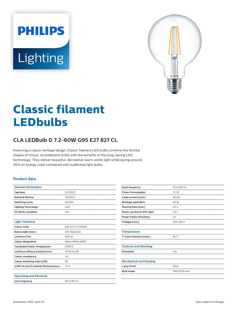 Philips Classic LED Globe D 7.2W (60W) G95 E27 827 Clear Dimmable