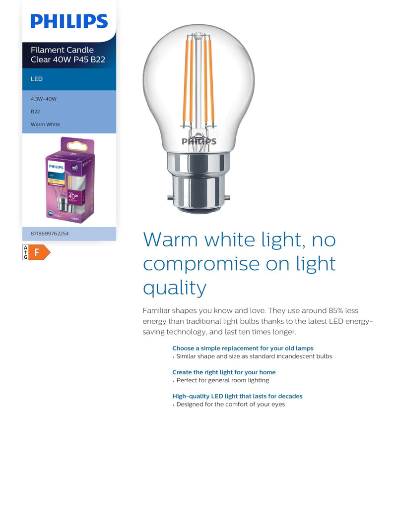 PHILIPS LED Premium Classic P45 Clear Light Bulb B22 40W, Warm White 2700K, Non Dimmable