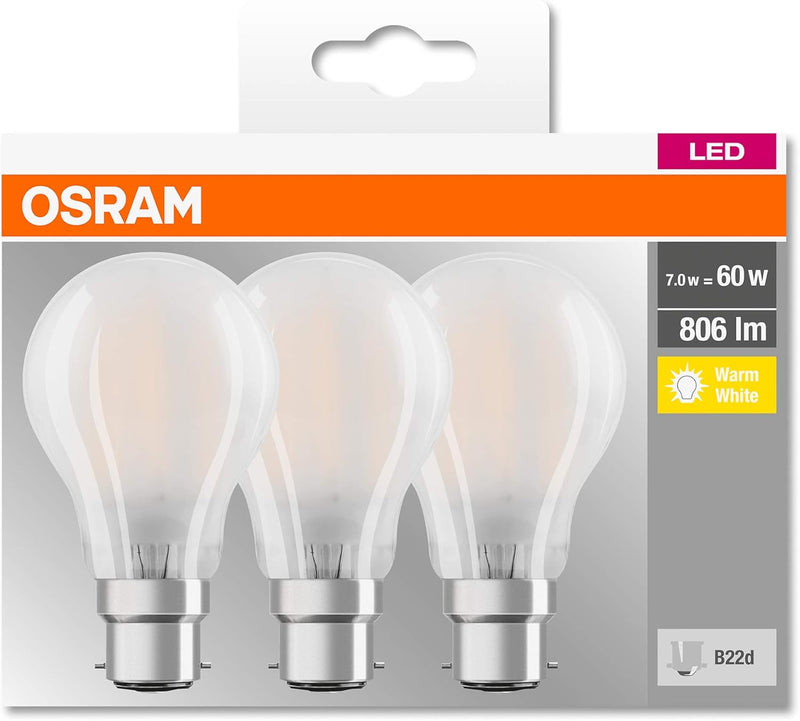 Osram LED Lamp B22d 7W =60W Incandescent Bulb Base Classic Pack of 3