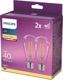 2 x Pack Philips 4.3w = 40w ES E27 Screw Cap Warm White 2700K Non Dimmable LED Classic ST64 Clear Light Bulb
