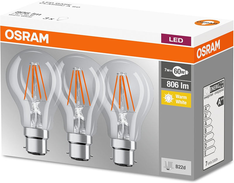 OSRAM LED Base Classic A 7w = 60w B22 Clear LED Pack of 3