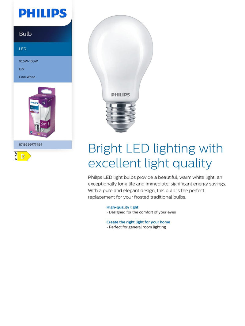 Philips 10.5w = 100w ES E27 Screw Cap 1521lm Frosted A60 Cool white Classic LED Light bulb