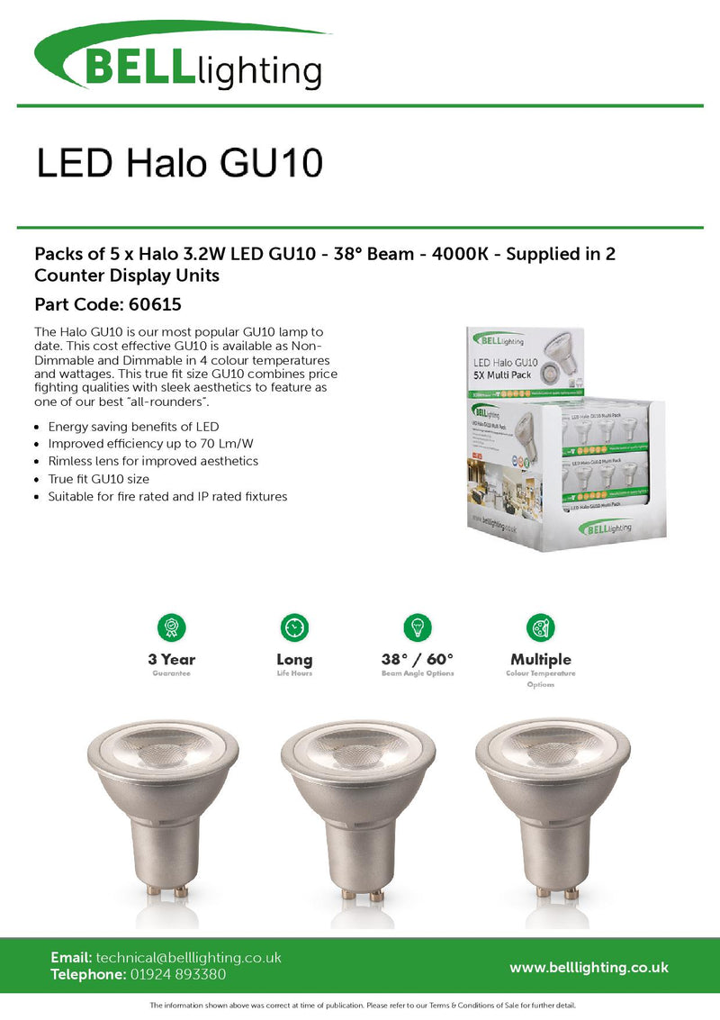 Bell Halo 3.2W LED GU10 38 Degree Angle Beam 4000K- 5 pack