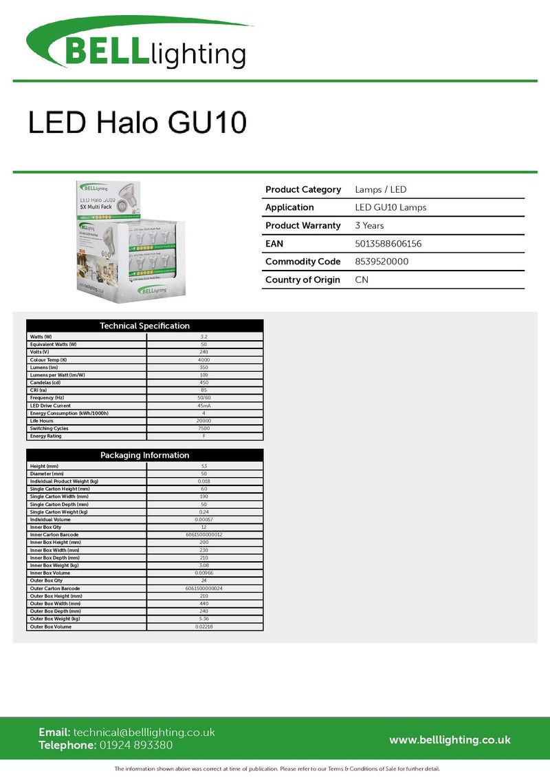 Bell Halo 3.2W LED GU10 38 Degree Angle Beam 4000K- 5 pack