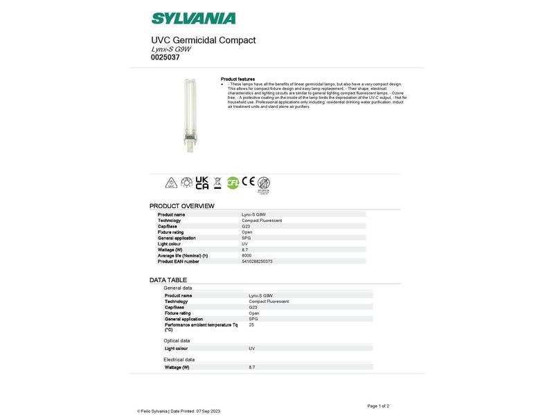 Sylvania Lynx-S G9w G23 2pin UVC GERMICIDAL COMPACT