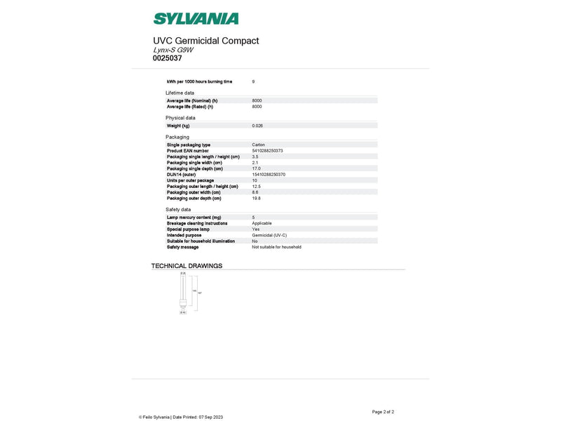 Sylvania Lynx-S G9w G23 2pin UVC GERMICIDAL COMPACT