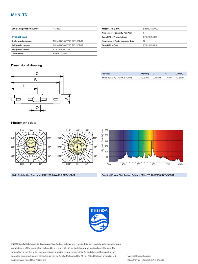 Philips 70w 730 RX7S MHN-TD Metal Halide Double Ended