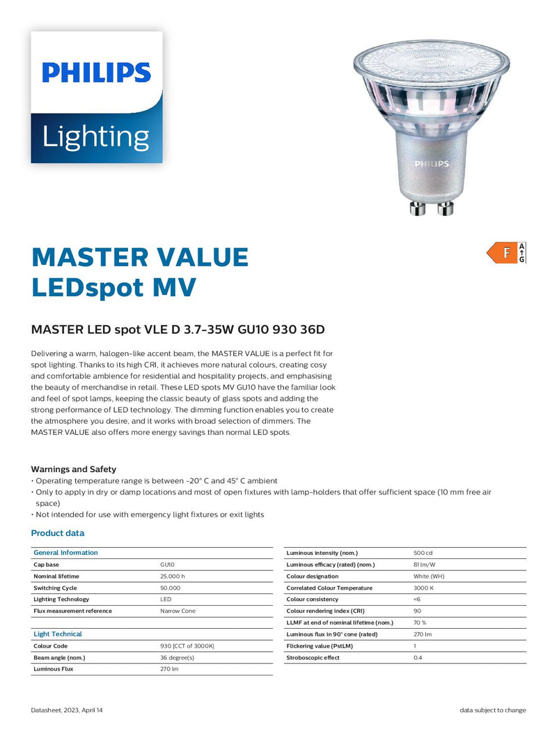 Philips 3.7w=35w GU10 930 36 Degree Beam Angle Master Value LED Spot MV MAS VLE D