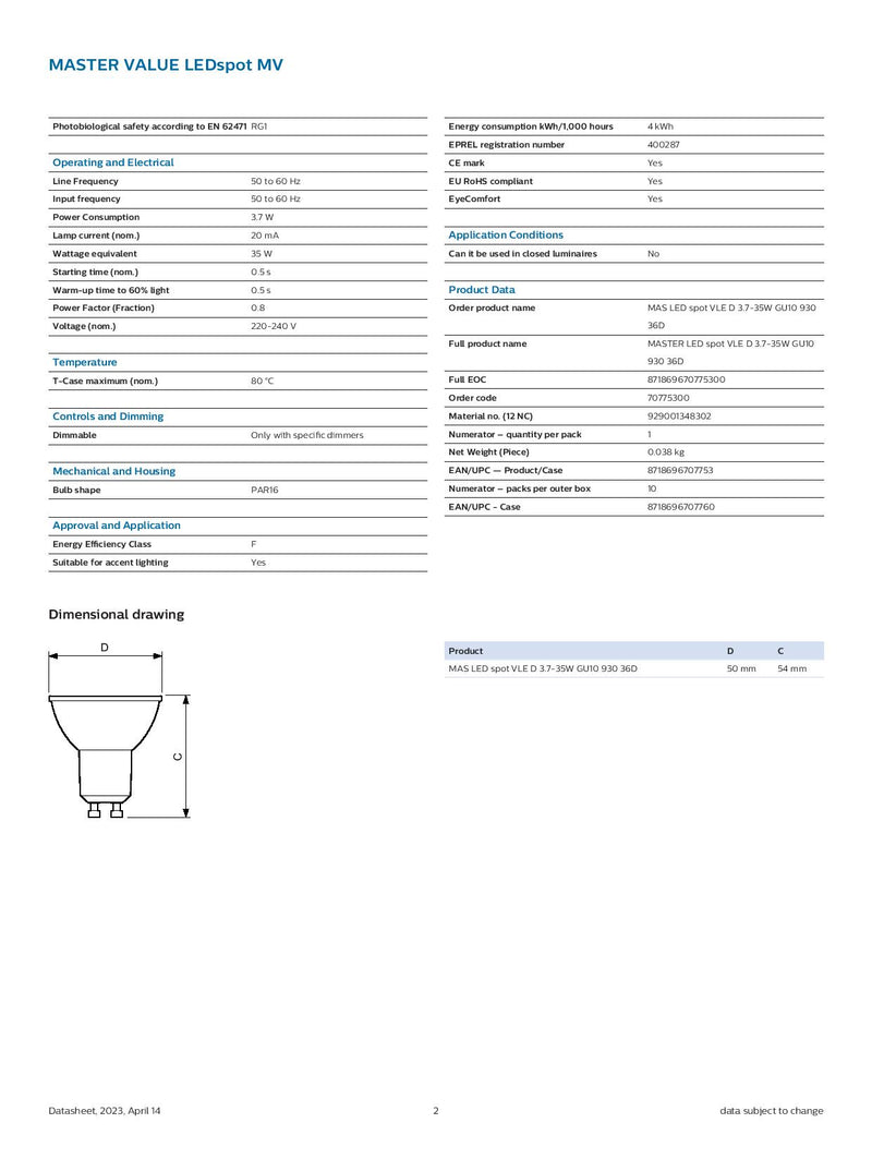 Philips 3.7w=35w GU10 930 36 Degree Beam Angle Master Value LED Spot MV MAS VLE D