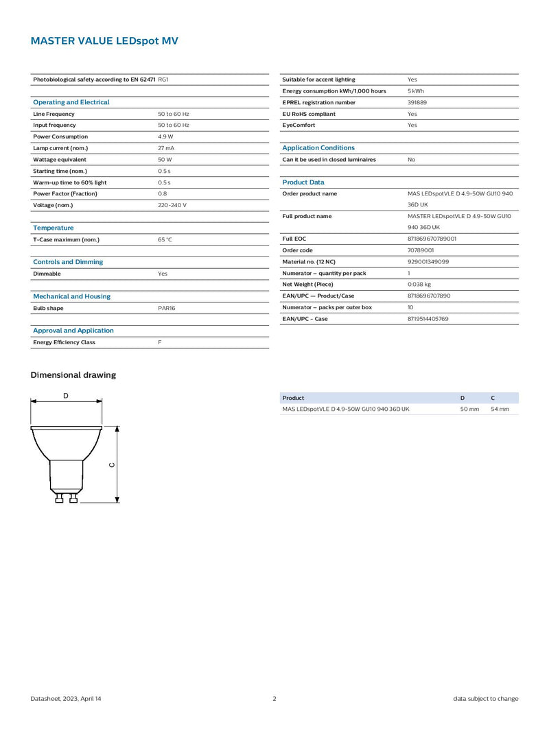 Philips 4.9w=50w GU10 940 36 Degree Beam Angle Master Value LED Spot MV MAS VLE D