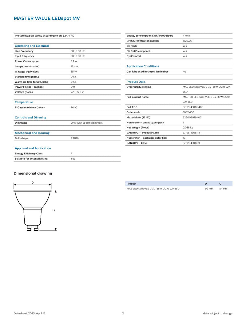 Philips 3.7w=35w GU10 927 36 Degree Beam Angle Master Value LED Spot MV MAS VLE D