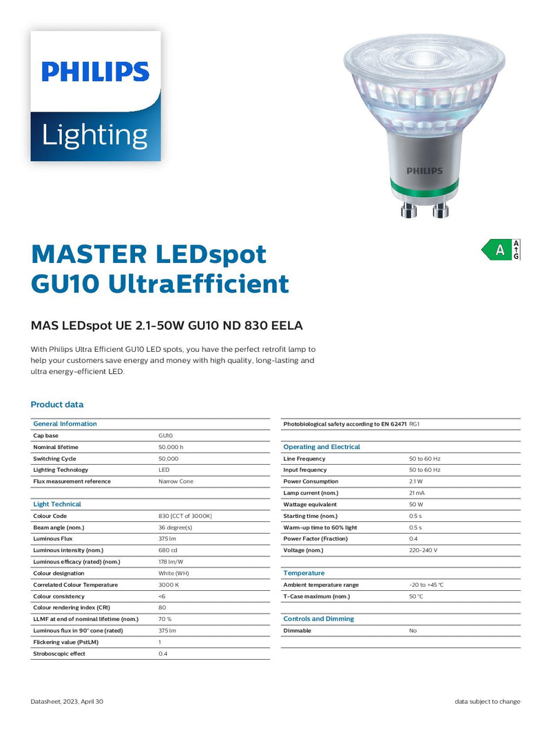 Philips 2.1w=50w GU10 830 36 Degree Beam Angle Master LED spot GU10 Ultra Efficient MAS EELA