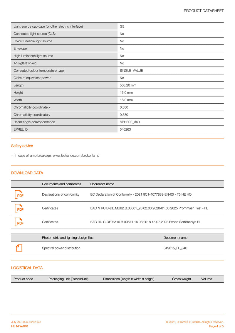 OSRAM 14w G5 840 4000K Cool White T5 Fluorescent Tube