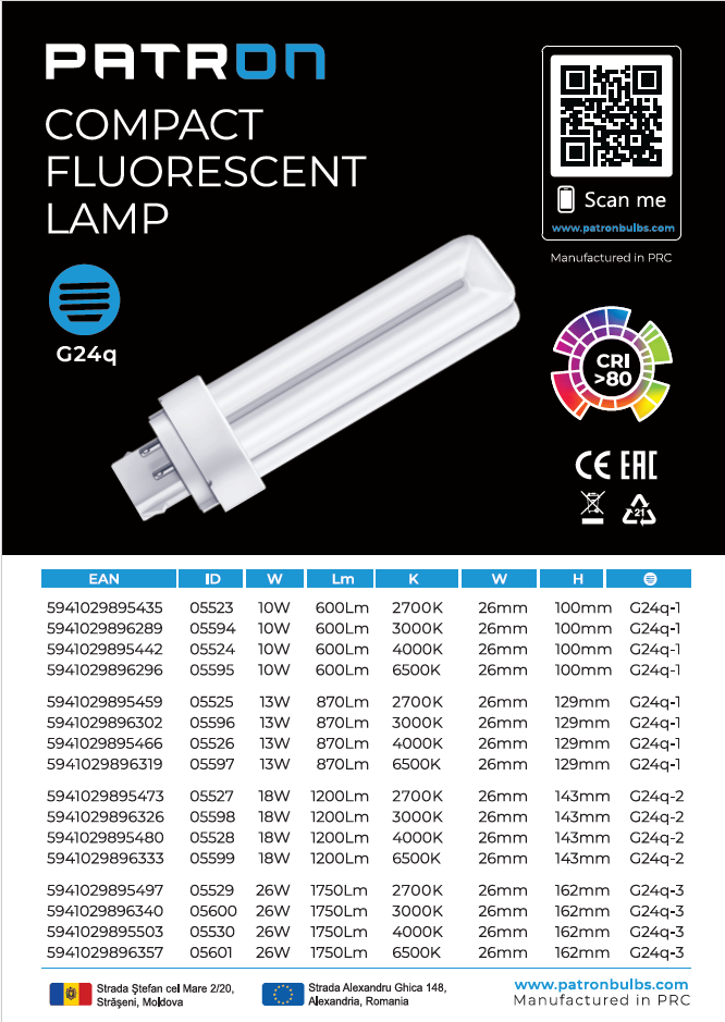 PATRON PL-C 26w 4pin 840 G24q-3 DULUX D/E CFL Bulb