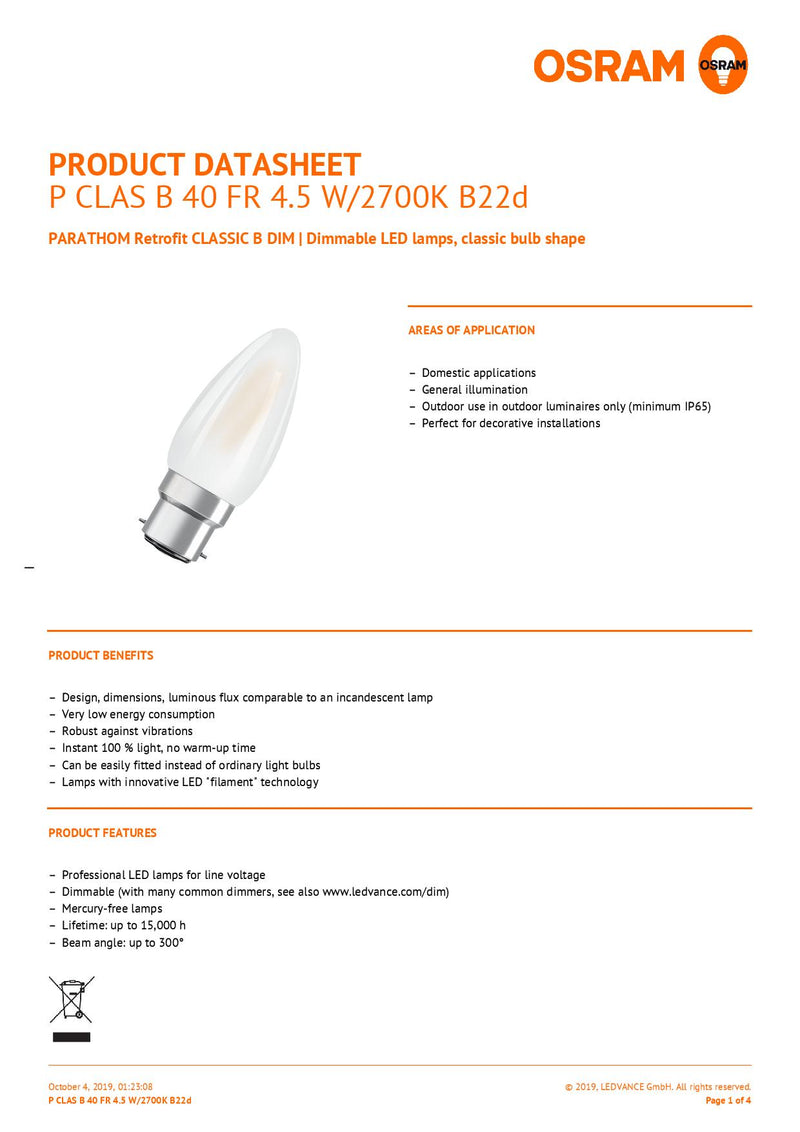 OSRAM Classic LED B22d Candle Frosted 4.5W 470lm
