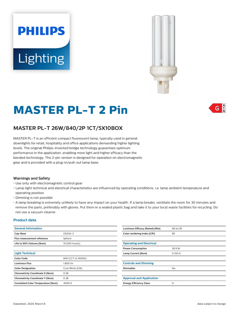 Philips 26w 2 pin GX24q-3 Cool White 840 PLT Energy Saving Compact Fluorescent Lamp