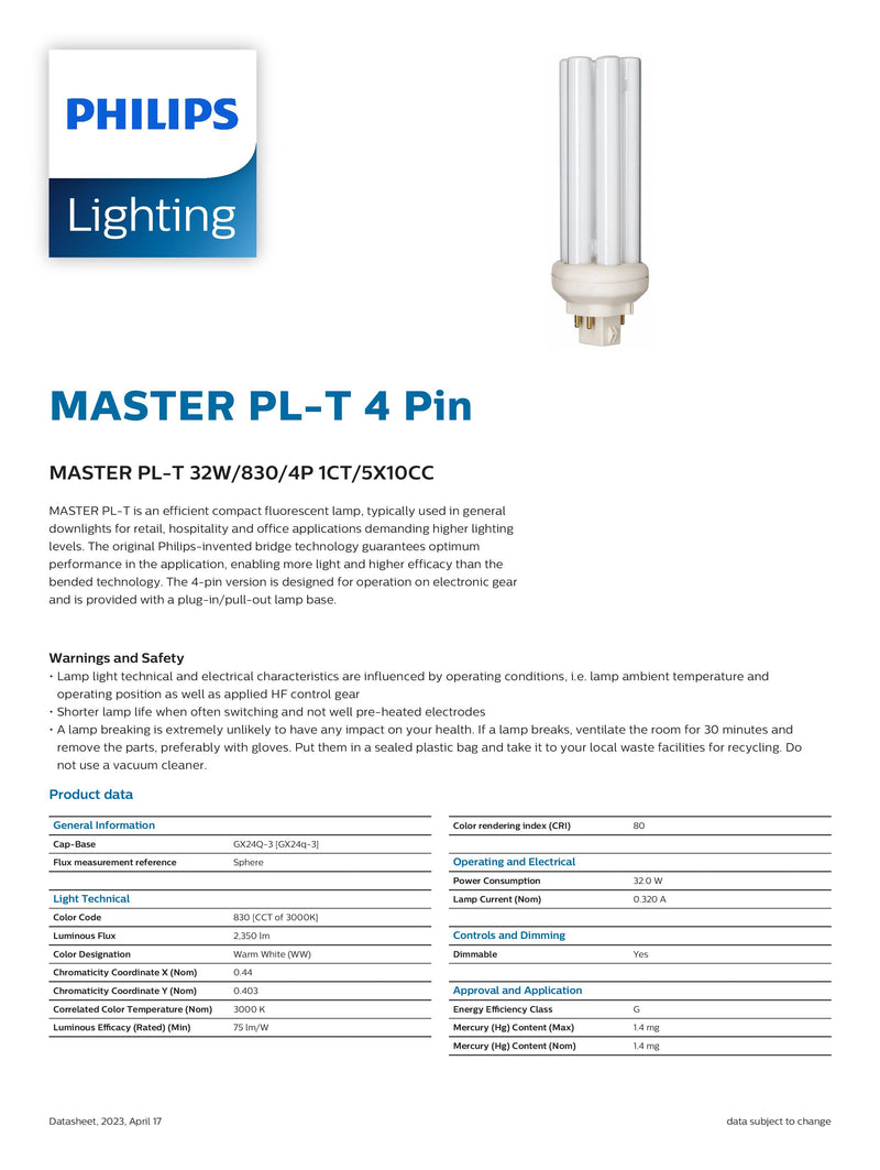 Philips 32w 4 pin GX24q-3 Warm White 830 PLT Energy Saving Compact Fluorescent Lamp