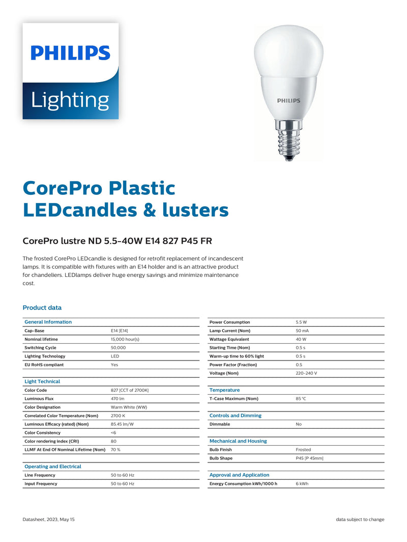 Philips LED CorePro lustre G45 5.5W- 40W E14 Frosted Non Dimmable 827 Very Warm White