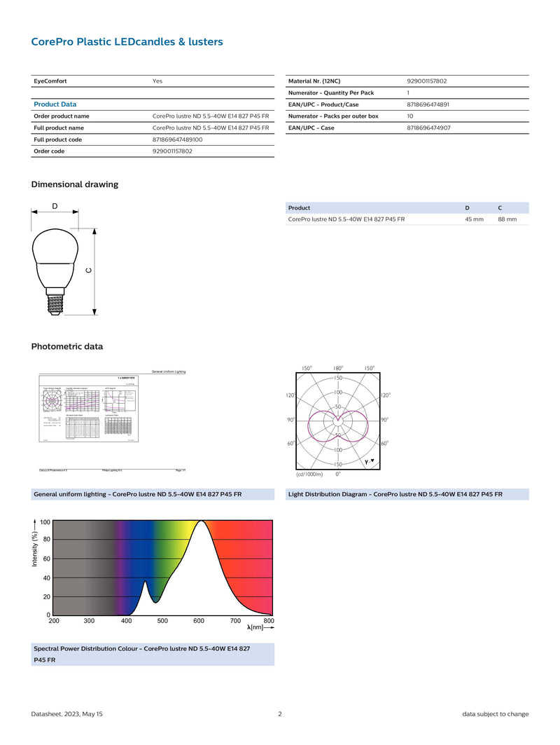 Philips LED CorePro lustre G45 5.5W- 40W E14 Frosted Non Dimmable 827 Very Warm White