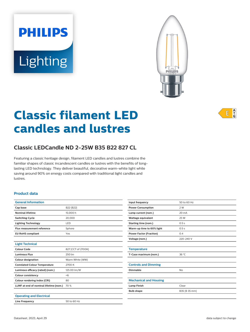 Philips Classic LED Candle ND 2-25W B35 B22 827